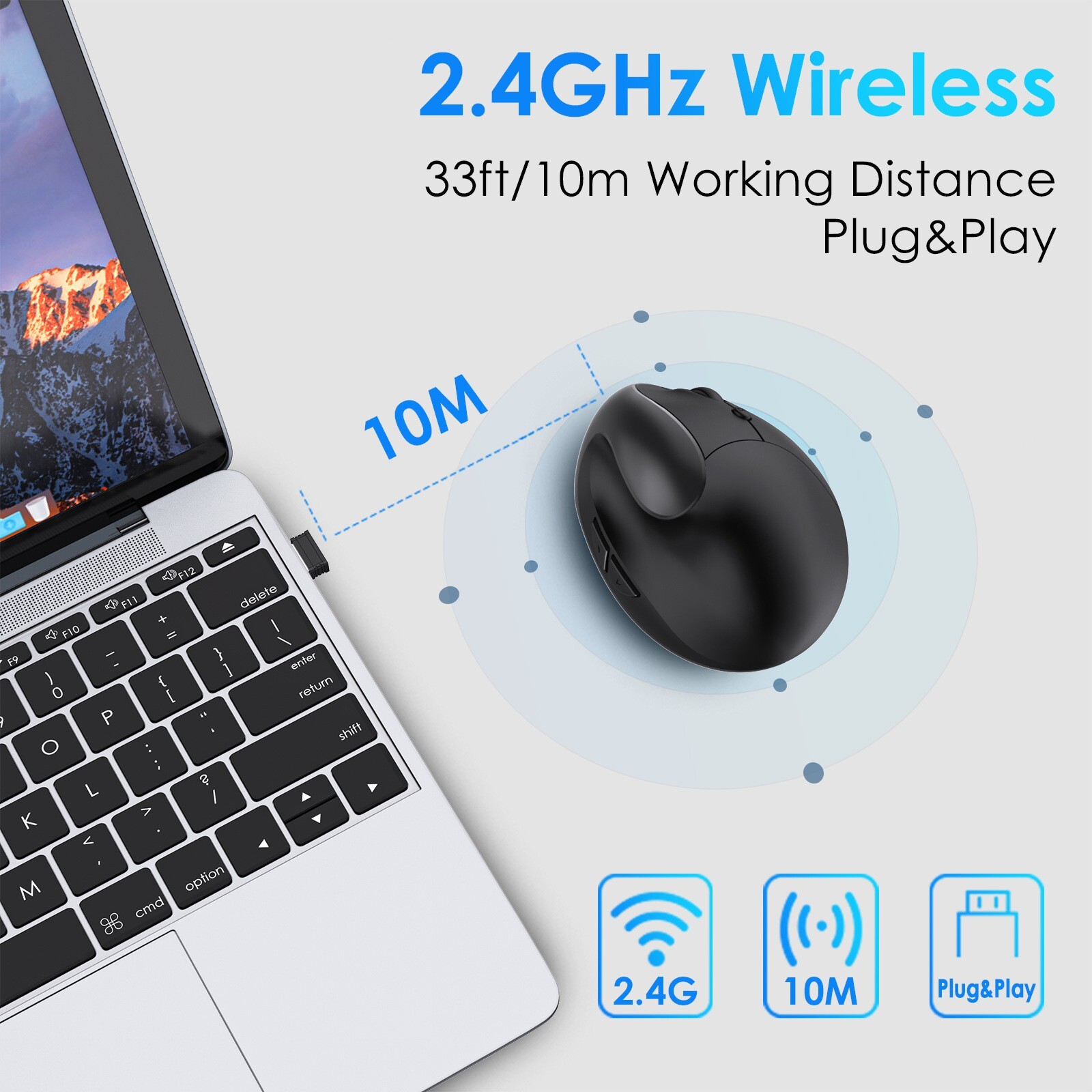 Vertical Mouse Ergonomic 2.4GHz Wireless, 3 Adjustable DPI 800/1600/2400
