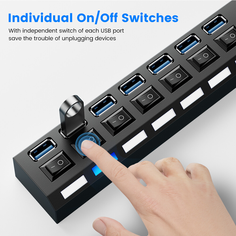 USB 3.0 Hub 7 Port On/Off Switch High Speed Splitter AC Adapter Cable PC Laptop