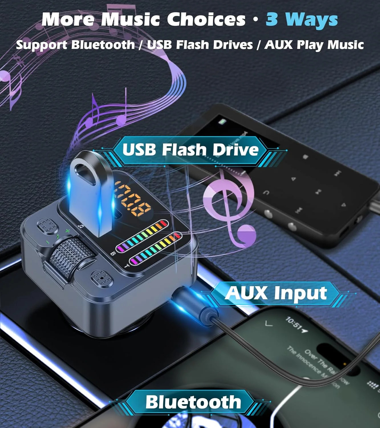 Bluetooth 5.3 FM Transmitter Car Adapter 42W PD Fast Charger Handsfree