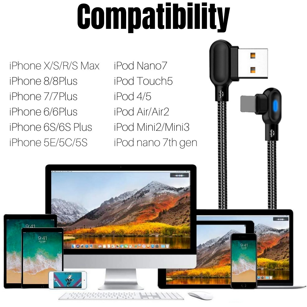 90 Degree USB Data Cable 3/6FT For iPhone 7 8 11 12 13 14 Charger Charging Cord
