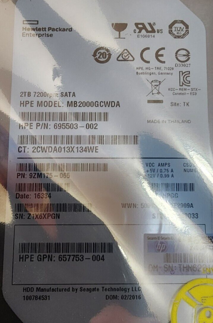 HP 2TB 7.2K SATA 3.5 LP 797273-B21 #STD Hard Drive HDD 695503-002 MB2000GCWDA