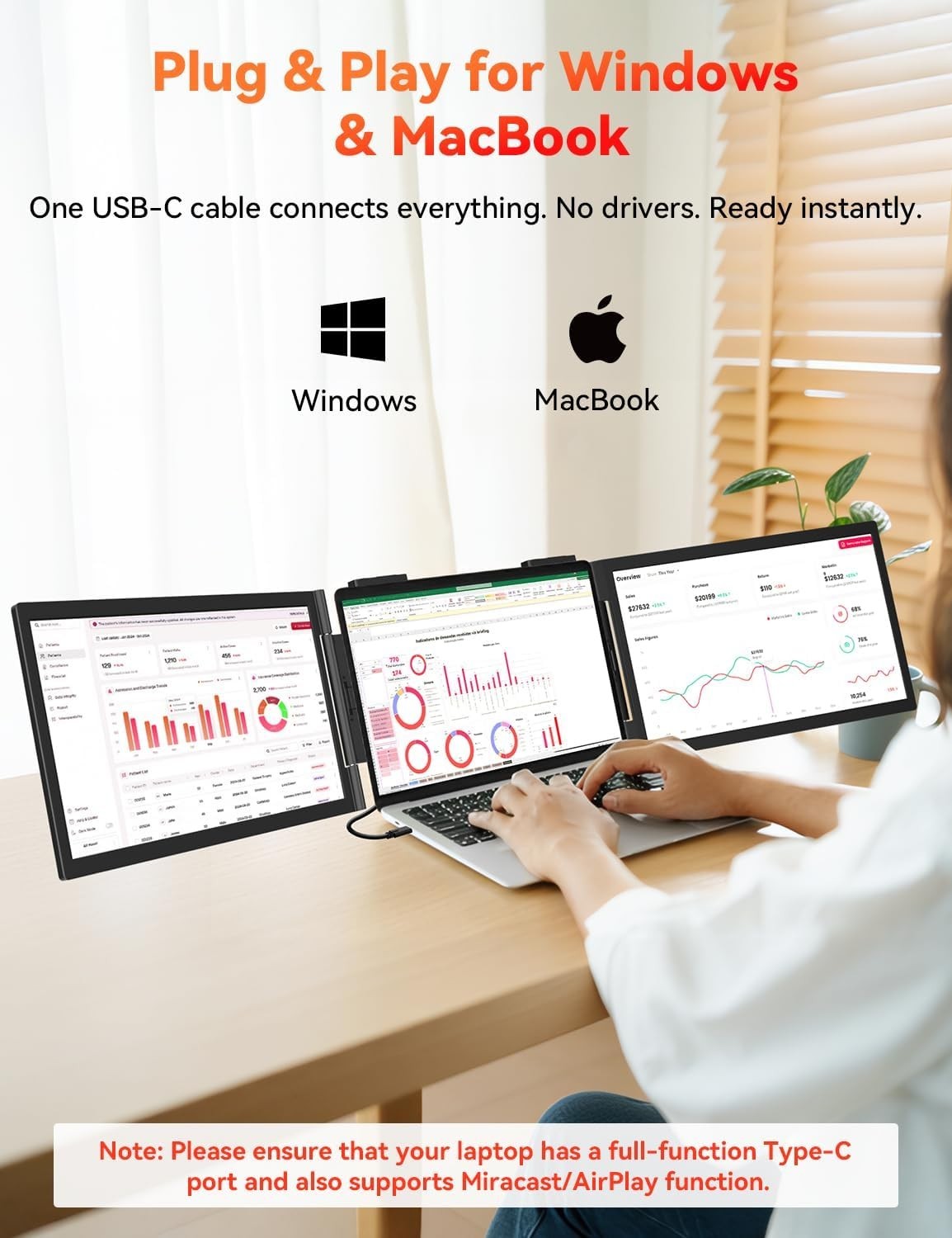 14″ Laptop Screen Extender, USB-C HDMI, Wireless Dual Screen
