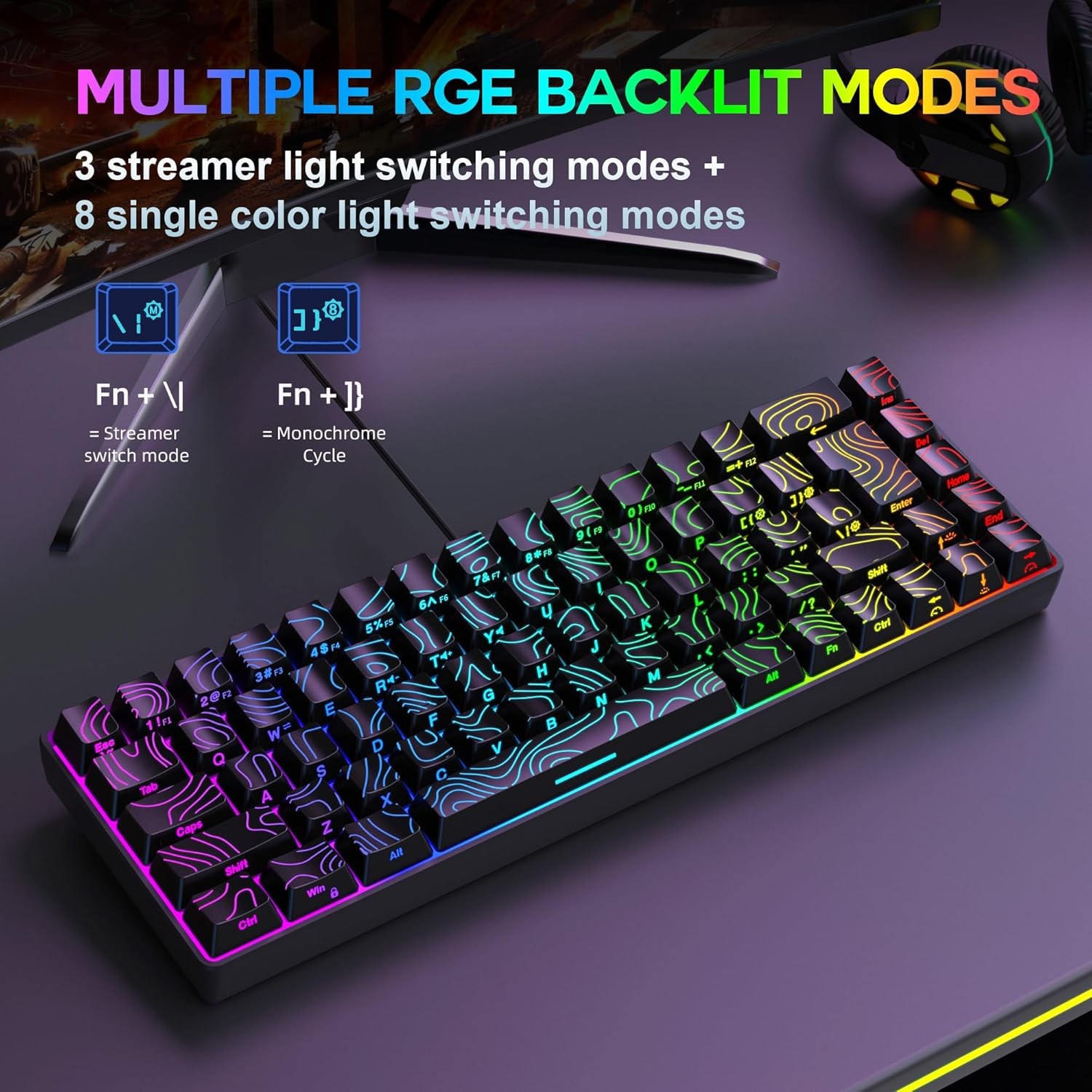 Snpurdiri 65% Gaming Keyboard Membrane RGB Backlit 68 Key Ergonomic Mini Compact