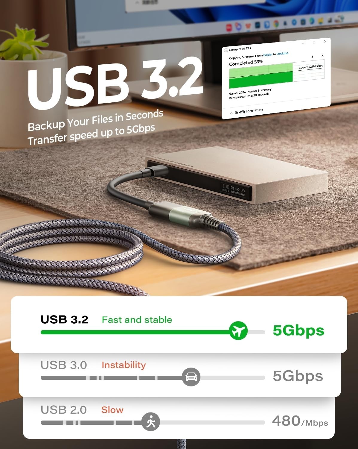 10FT USB Extension Cable USB 3.2 Extension Cord Type A Male to Female Cable