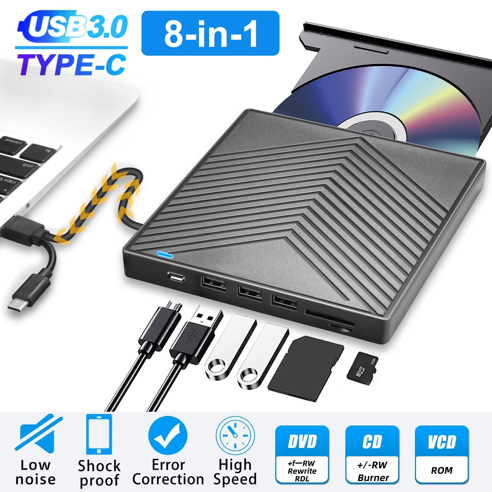 External CD DVD Drive for PC Laptop Windows 11 10 USB 3.0 Burner Reader Writer