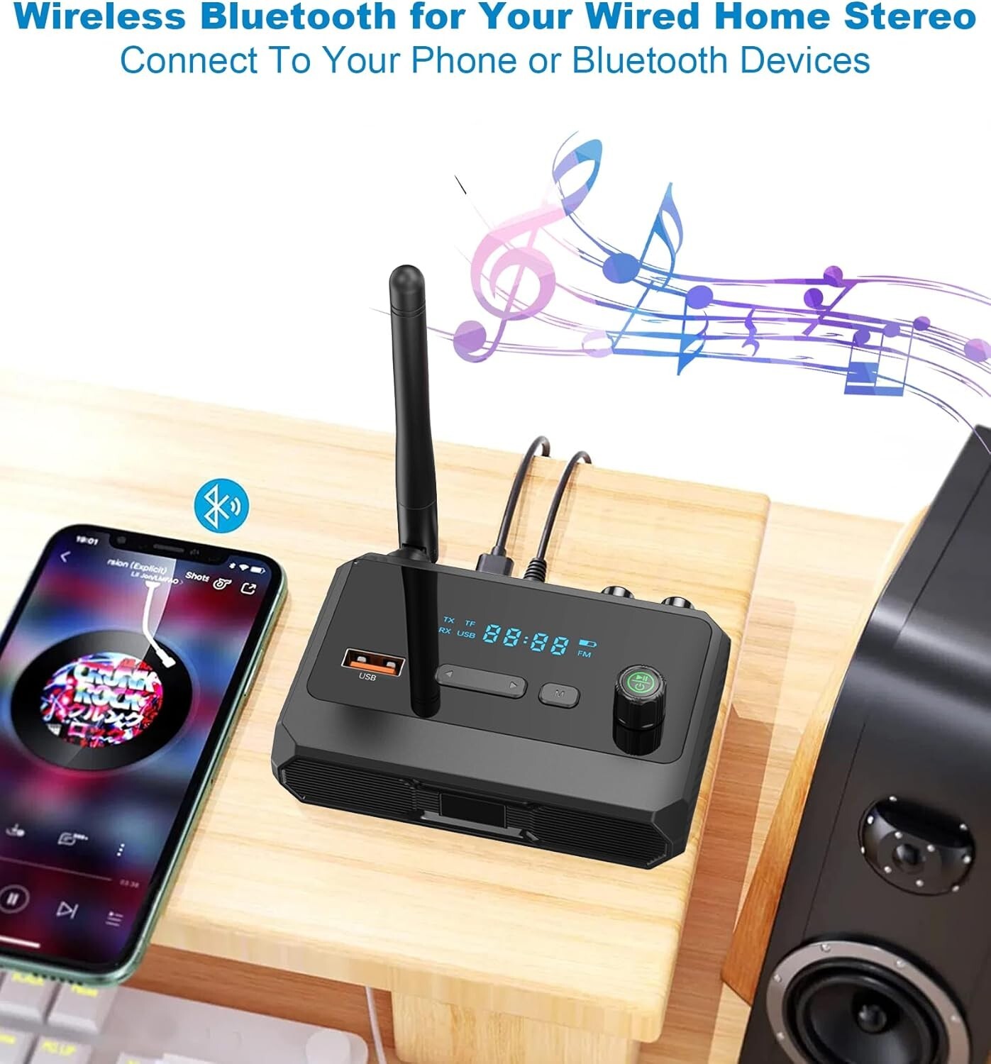 Bluetooth 5.3 Home Stereo Audio Receiver AUX USB Optical HD Music to RCA Adapter