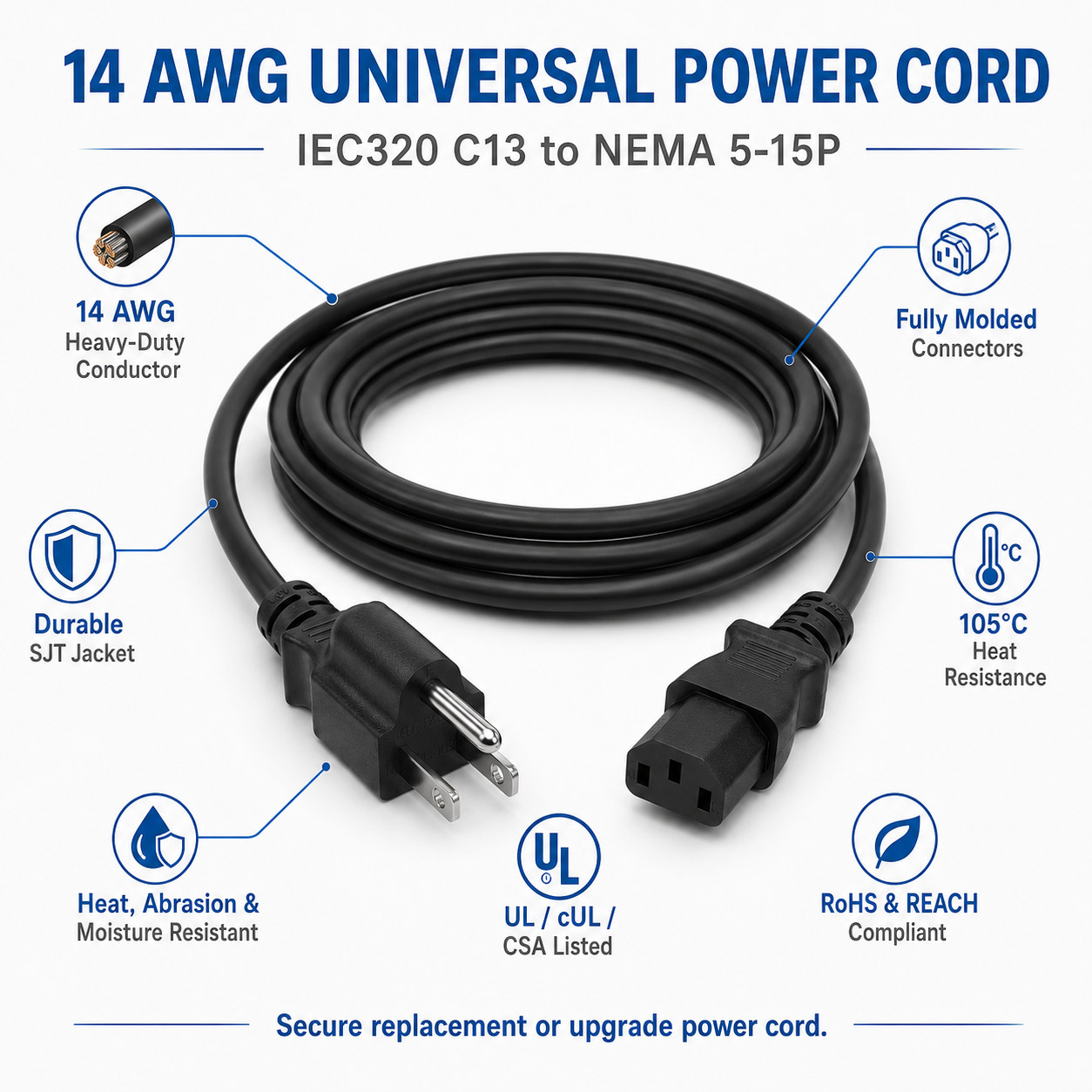 14 AWG Universal Power Cord (IEC320 C13 to NEMA 5-15P)