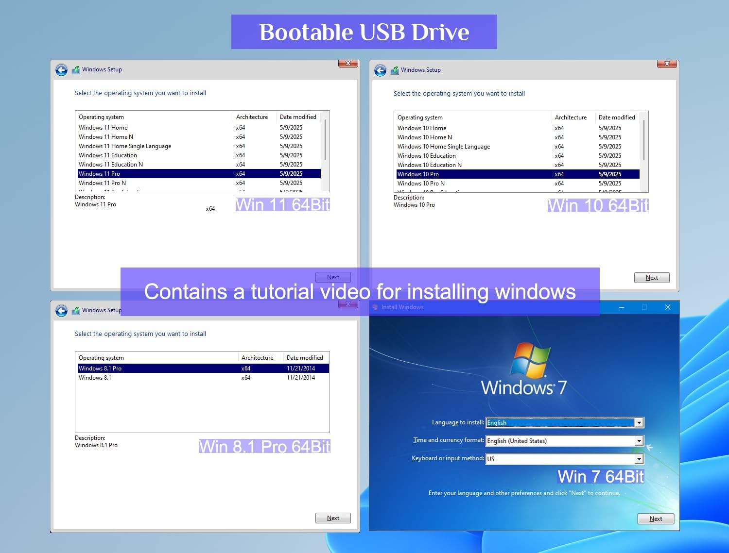 Bootable USB Drive for Windows 11, 10, 7 Both Home and Pro – Reinstall, Install,