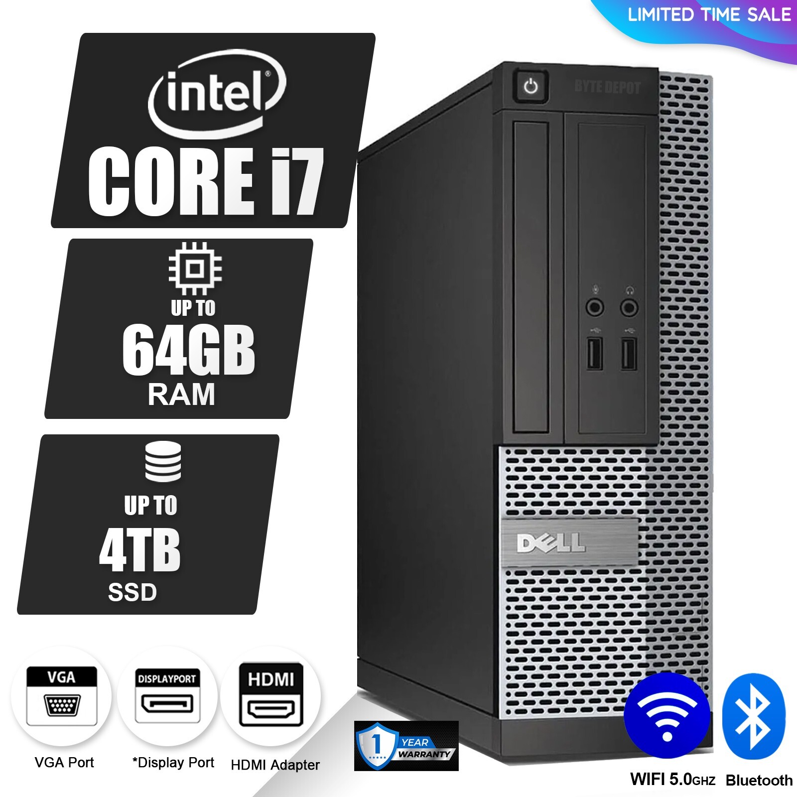 DELL Desktop Computer PC i7, up to 64GB RAM, 4TB SSD, Windows 10/11, WiFi BT