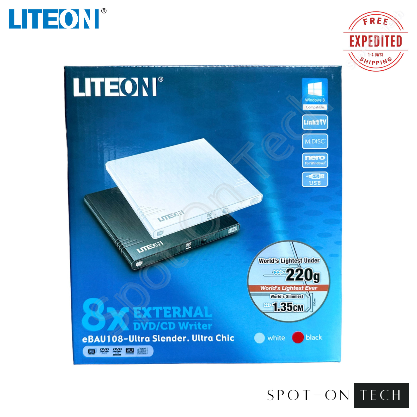 LITE-ON 8x External DVD/CD Writer Drive Black eBAU108 Ultra Slender M-Disc 2022