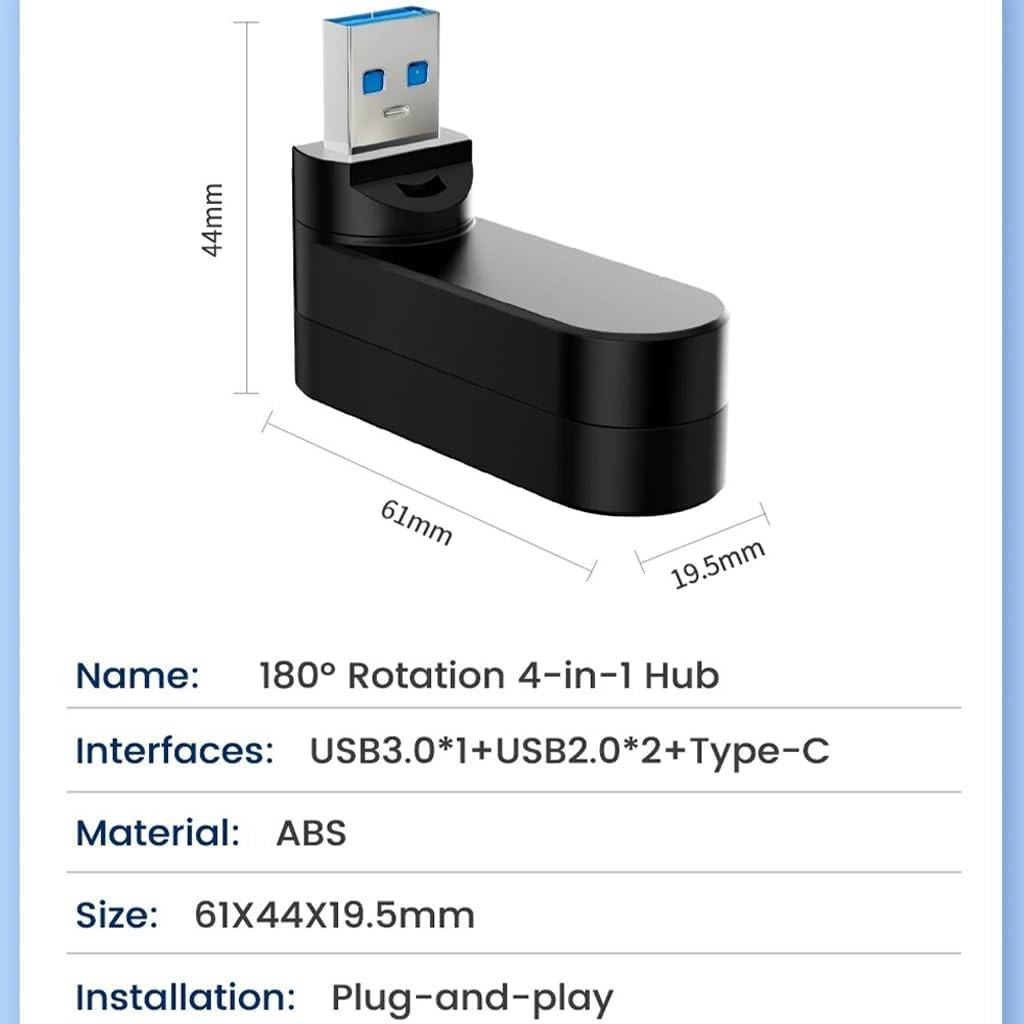 4-Port USB 3.0 Hub – Rotatable Design & 5W USB C Power Adapter for Versatility