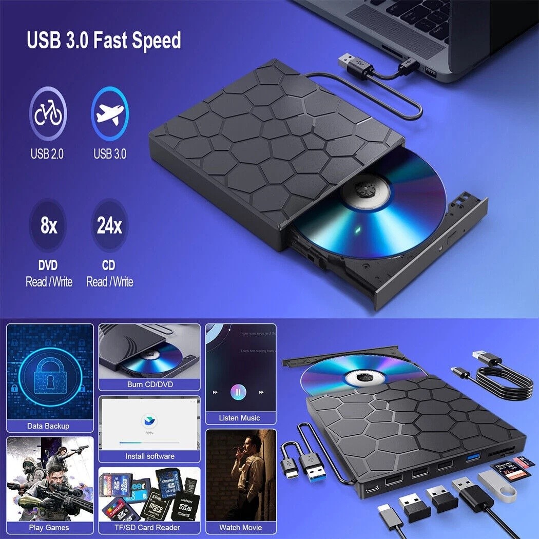 USB 3.0 Slim External CD DVD Drive Disc Player Burner Writer For Laptop PC Mac