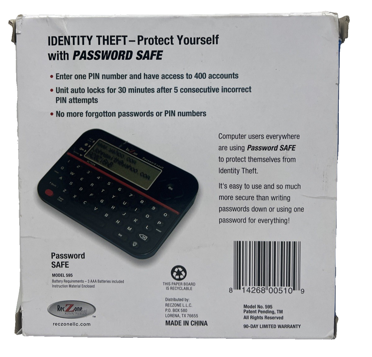 RecZone Password Safe Model 595 Identity Protection QWERTY Keyboard LCD Screen