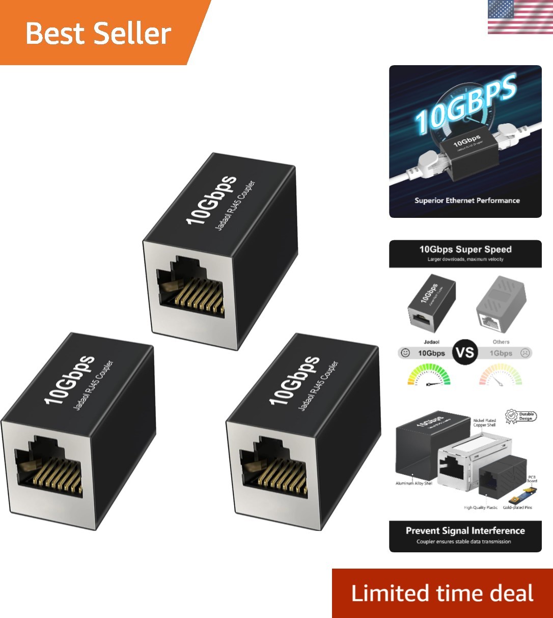 Gold-Plated 10Gbps RJ45 Coupler Set – Extend Your Network Up to 328ft, 3-Pack