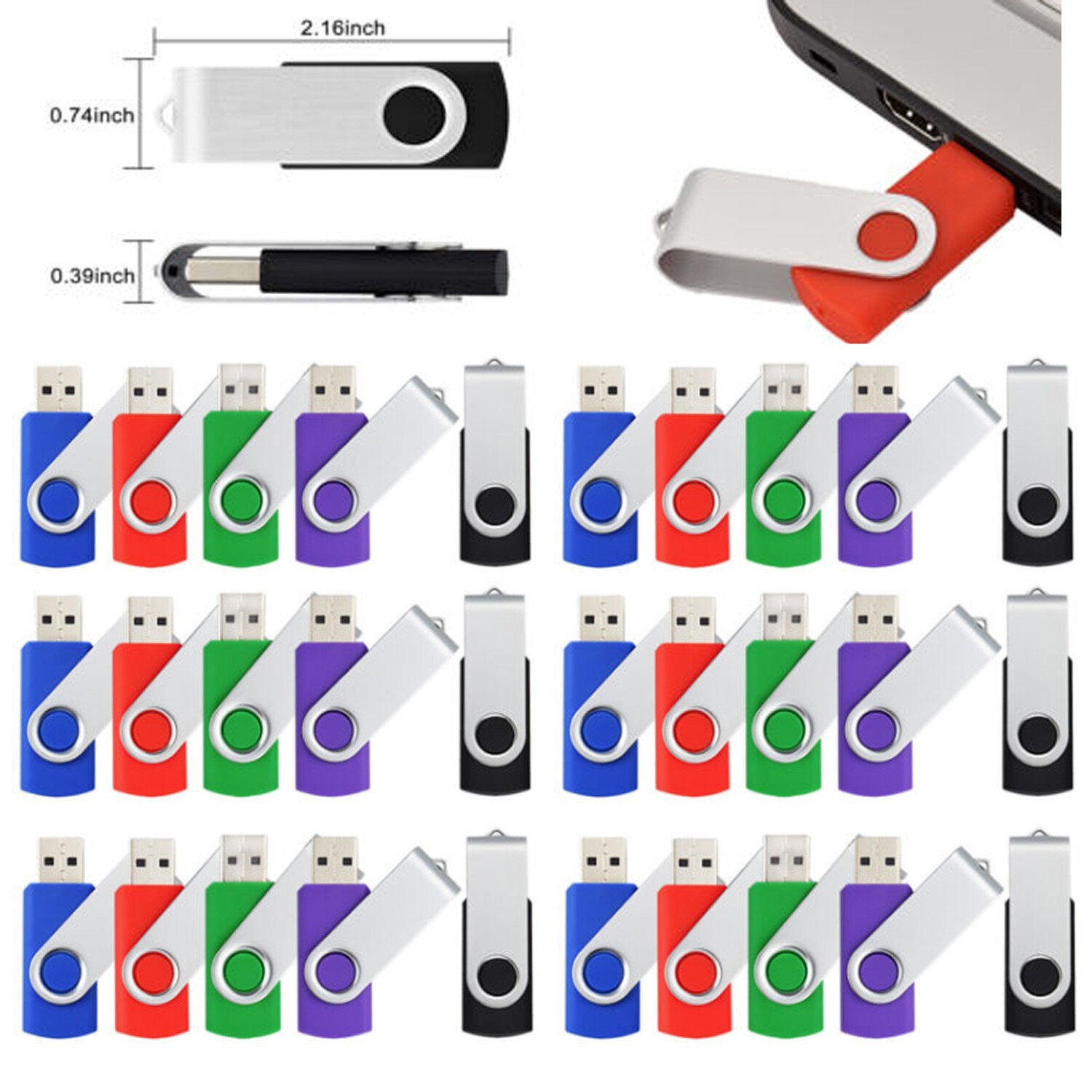 5 Pack Rotating Swivel USB 2.0 Mini Flash Drive 1GB-32GB Blank Data Memory Stick