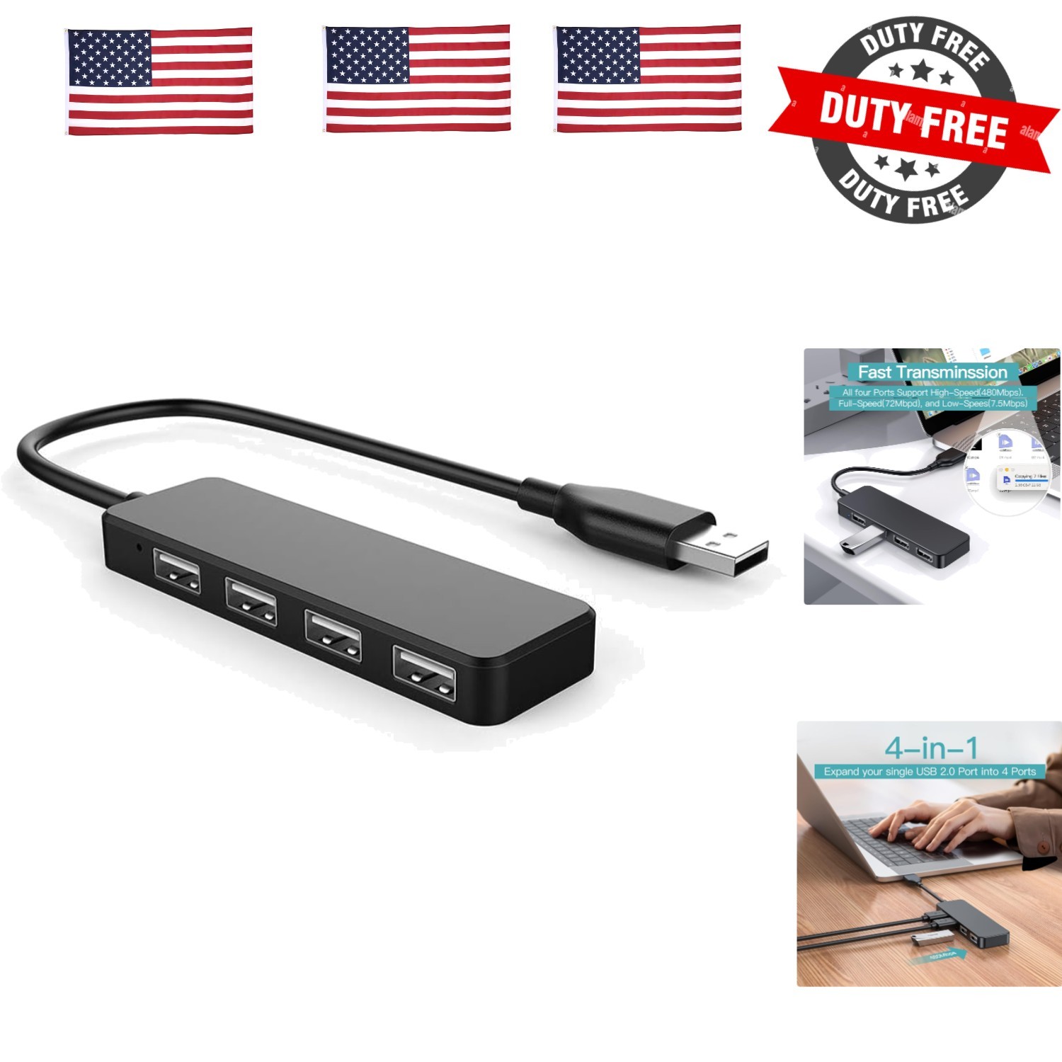 USB Hub, USB Splitter,USB 4-Port Adapter,Extender for Laptop, PC, MacBook, Ma…