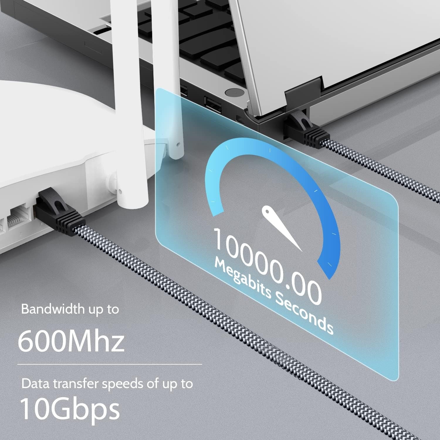 Cat 7 Ethernet Cable – 10Gbps High-Speed, Premium Braided Flat 6.6FT, Grey