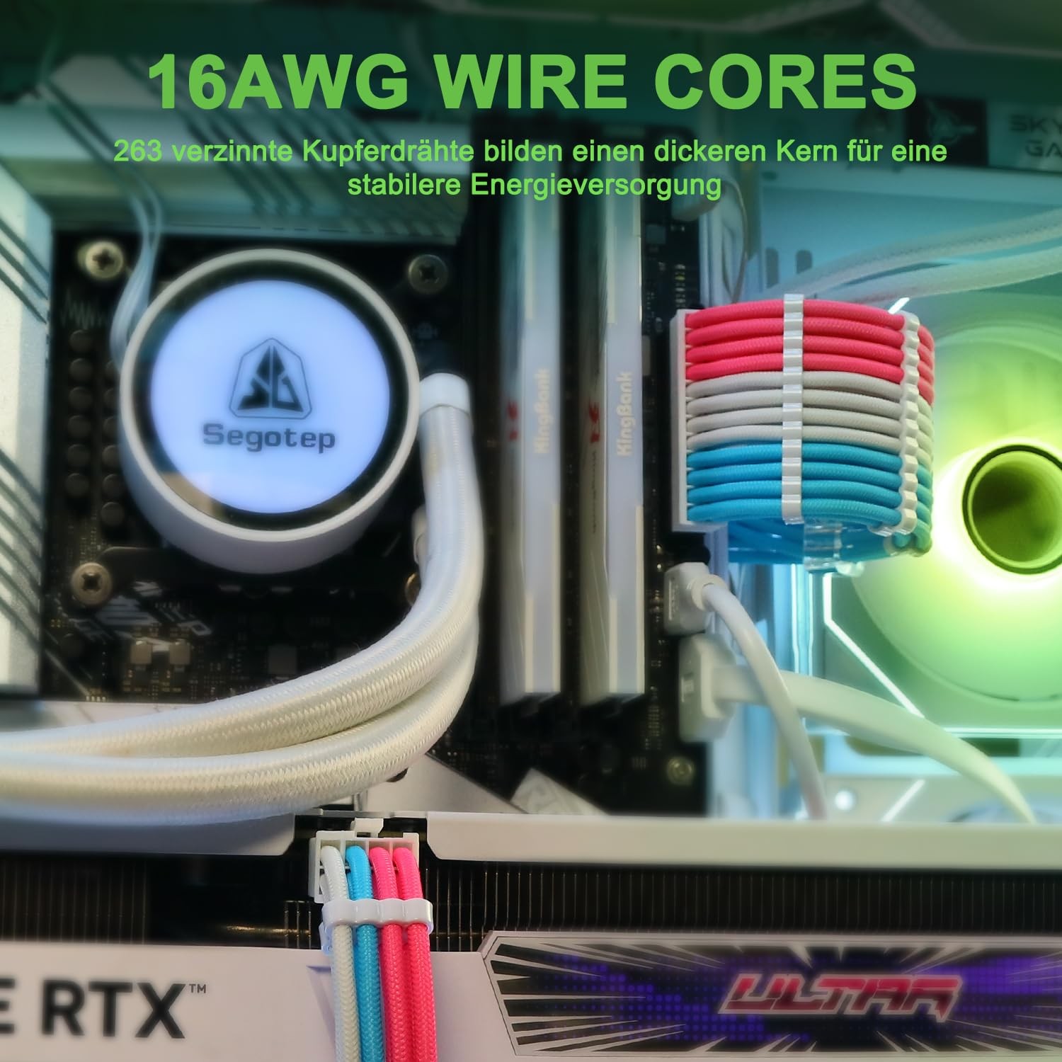 Pink/Blue/White 30cm Sleeved PSU Cable Extension Kit 16AWG with Pre-Bent Design