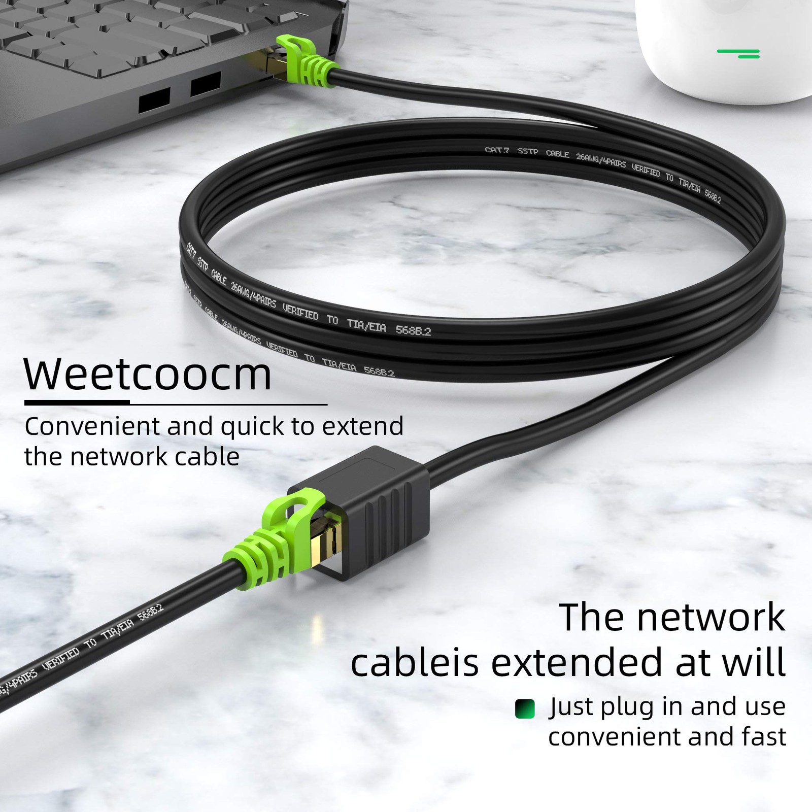 Cat6a Ethernet Extension Cable 3ft RJ45 Shielded Male to Female Patch Cord