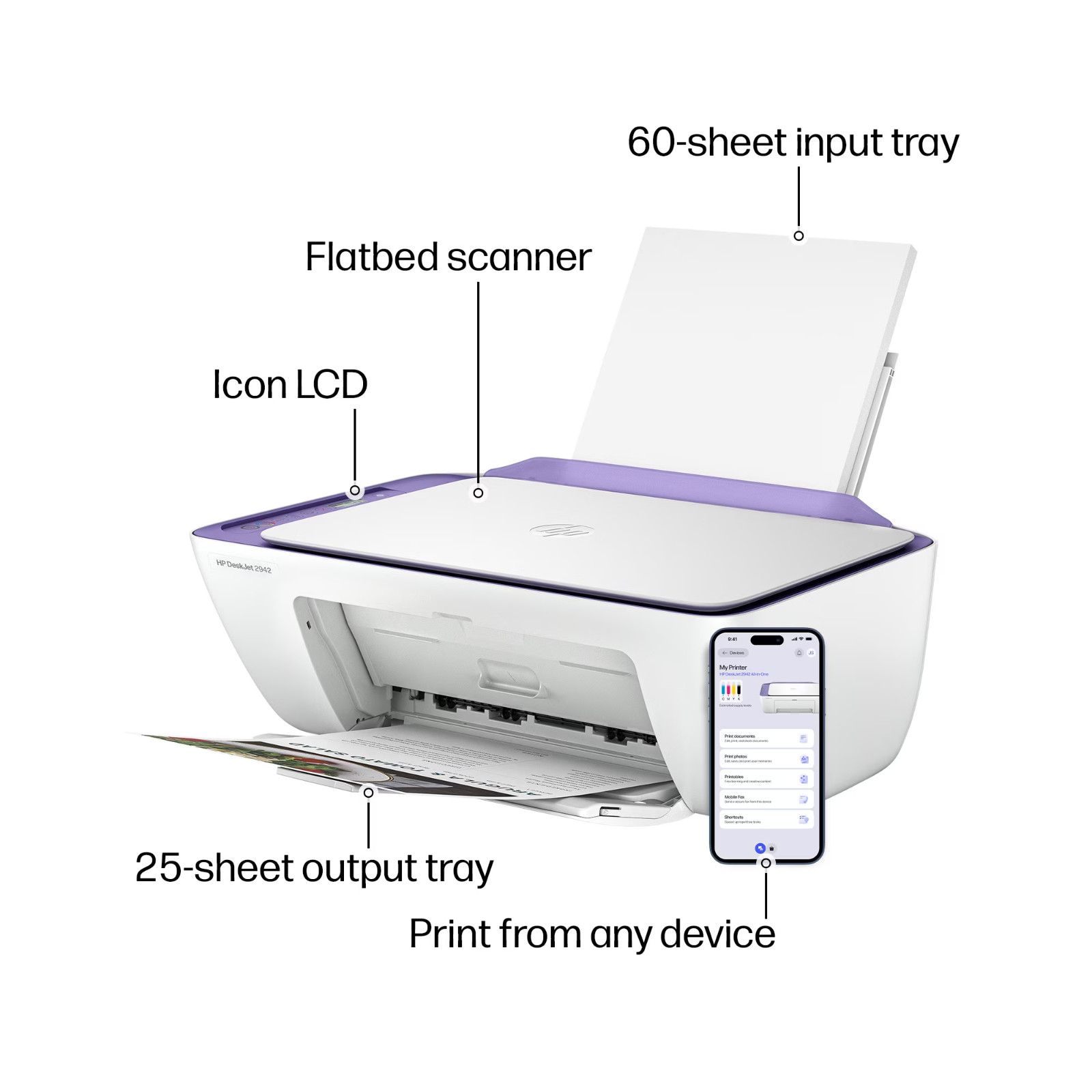 HP DeskJet 2942 Wireless All-in-One Color Inkjet Printer, Violet Tulip