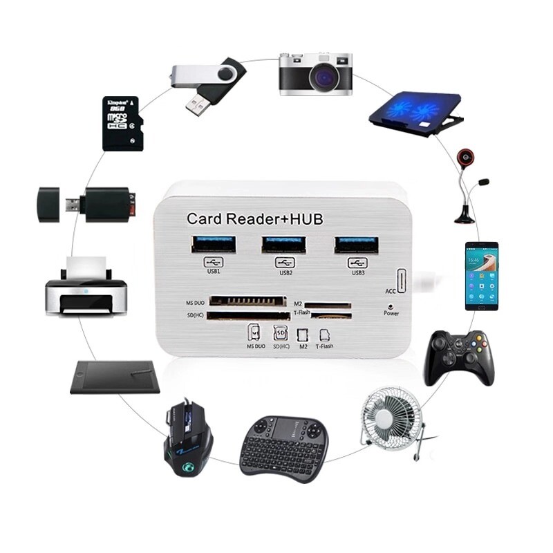Aluminum 3 Port USB 3.0 Hub MS SD M2 TF Multi-In-1 Memory Card Reader Adapter US