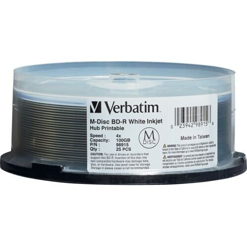 M DISC VERBATIM BD-R DL 100GB 6X White Inkjet Hub Printable 25 pk Spindle 98915