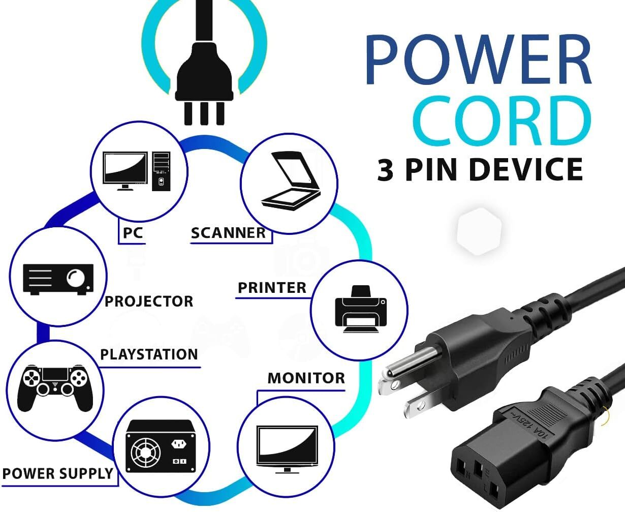 Lot of 3 Prong AC Power Cord Standard Electrical Cable Universal 3FT 5FT 10FT